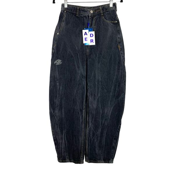 New NWT ADER ERROR Jeans A1/26”Inch Black Acid Wash Bump Barrel Logo-Graphic Zip - Picture 2 of 13